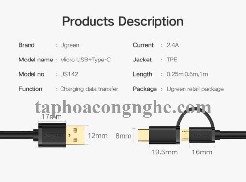 Ugreen 30173 0.5M màu Đen Thiết bị chuyển đổi USB 2.0 sang type-C và micro USB US142 30030173